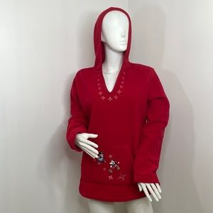 Disney Store Women’s M Red fleece Hoodie Snowflake Mickey Minnie Skaters V-neck